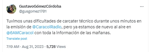 Gustavo Gómez, director del programa ‘6AM Hoy por hoy’, de Caracol Radio, se refirió a las fallas que se registraron en horas de la mañana el jueves 31 de agosto - crédito @gusgomez1701 / X