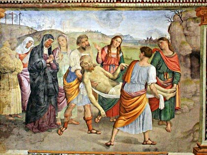 Fresco llamado Transporte de Cristo al sepulcro de Giovanni di Pietro (Lo Spagna) en La Madonna delle Lacrime, Trevi, Perugia