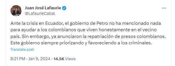 Juan José Lafaurie se fue contra el Gobierno por repatriación de presos en Ecuador