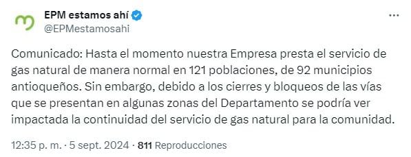 EPM asegura que el servicio de gas natural se mantiene estable en 121 poblaciones. No obstante, advierte sobre posibles interrupciones por bloqueos viales - crédito @EPMestamosahi / X