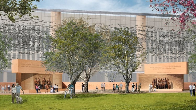 El Eisenhower Memorial, diseñado por Frank Gehry, se empezó a construir en Washington DC en 2017 después de un tumultuoso proceso de aprobación de años. En honor al presidente número 34 de los Estados Unidos (Gehry Partners)