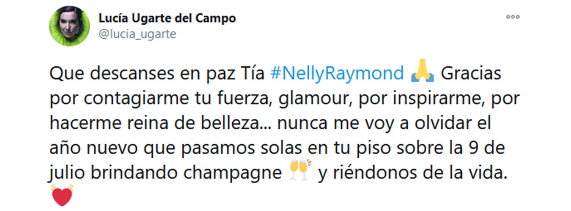 El tuit de Lucía Ugarte para despedir a su tía abuela Nelly Raymond