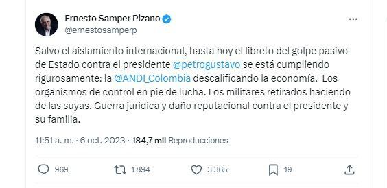 Este fue el mensaje del expresidente Ernesto Samper que causó la molestia de los militares retirados, que repudiaron los señalamientos del ex jefe de Estado - crédito @ernestosamperp/X