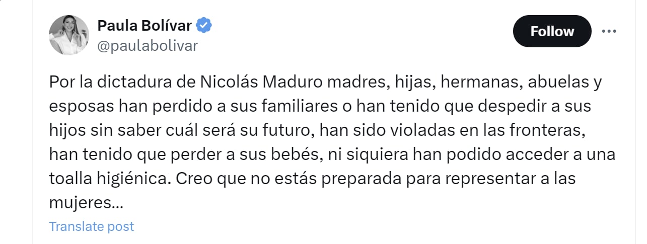 La periodista Paula Bolívar criticó a la congresista María Fernanda Carrascal por su postura sobre las elecciones en Venezuela - crédito @paulabolivar/X