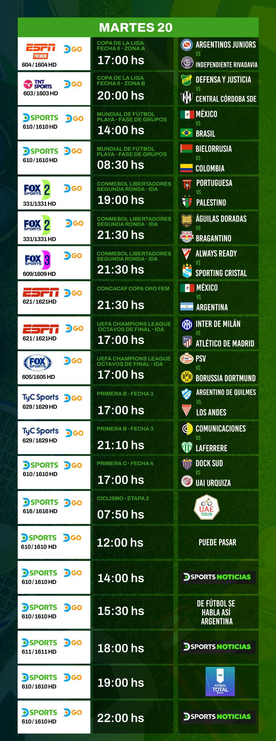 Agenda deportiva martes 20 de febrero