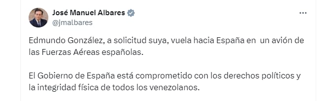 El mensaje del canciller de España, José Manuel Albares, tras el asilo a González Urrutia