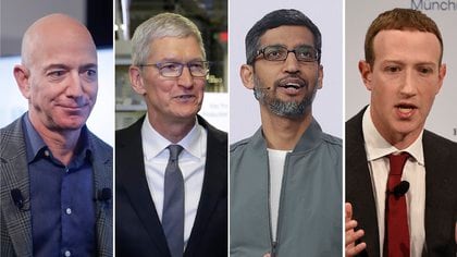 Jeff Bezos (CEO de Amazon), Tim Cook (CEO de Apple), Sundar Pichai (CEO de Google) y Mark Zuckerberg (CEO de Facebook) (AP Photo / Pablo Martinez Monsivais, Evan Vucci, Jeff Chiu, Jens Meyer)