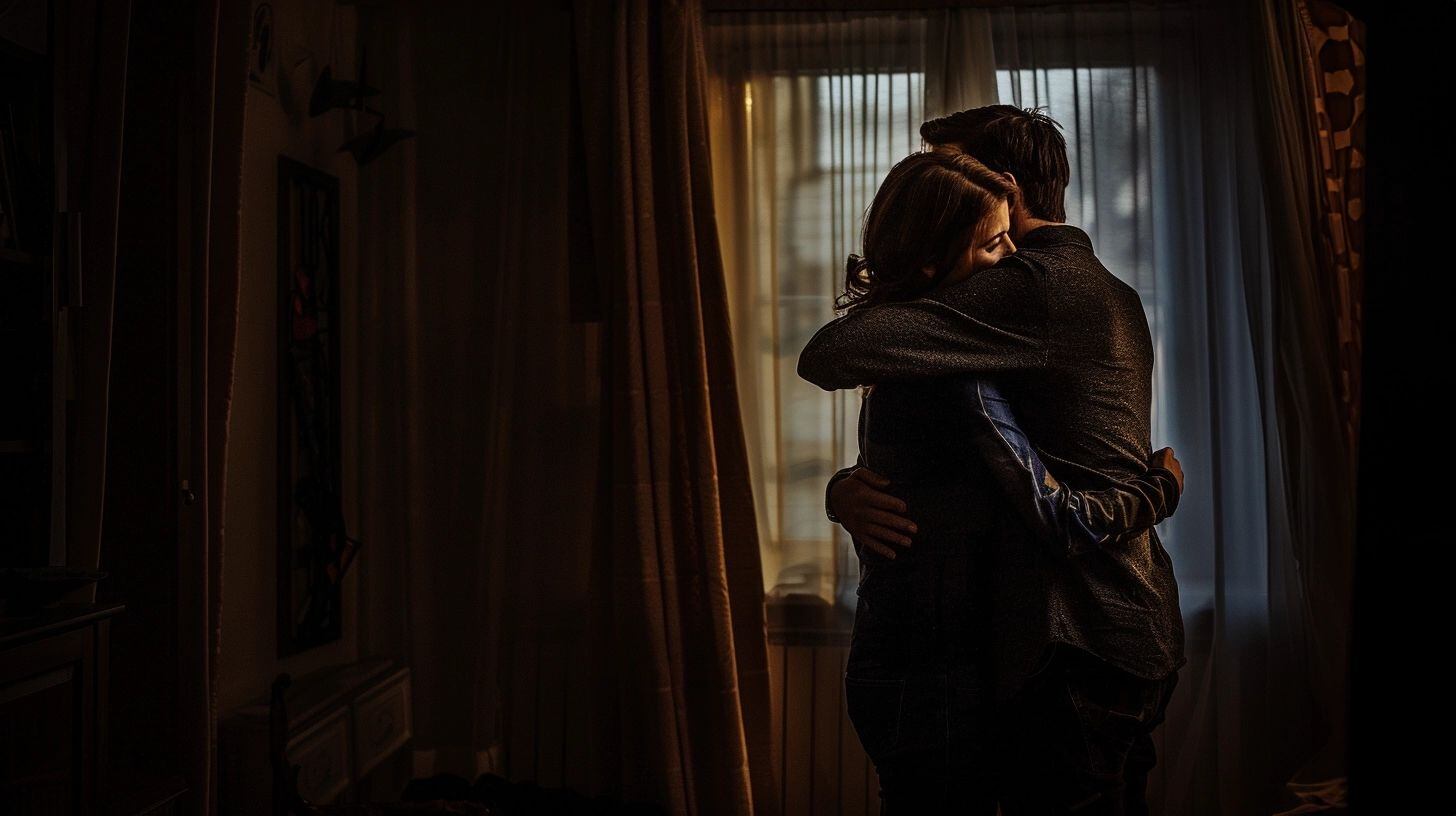 En medio de la oscuridad causada por un apagón, una joven pareja se abraza fuertemente, encontrando consuelo y cercanía en el otro. Este momento captura la esencia del amor y la conexión emocional que prevalece a pesar de las adversidades, simbolizando cómo el apoyo mutuo y la comprensión son fundamentales en cualquier relación. (Imagen ilustrativa Infobae)