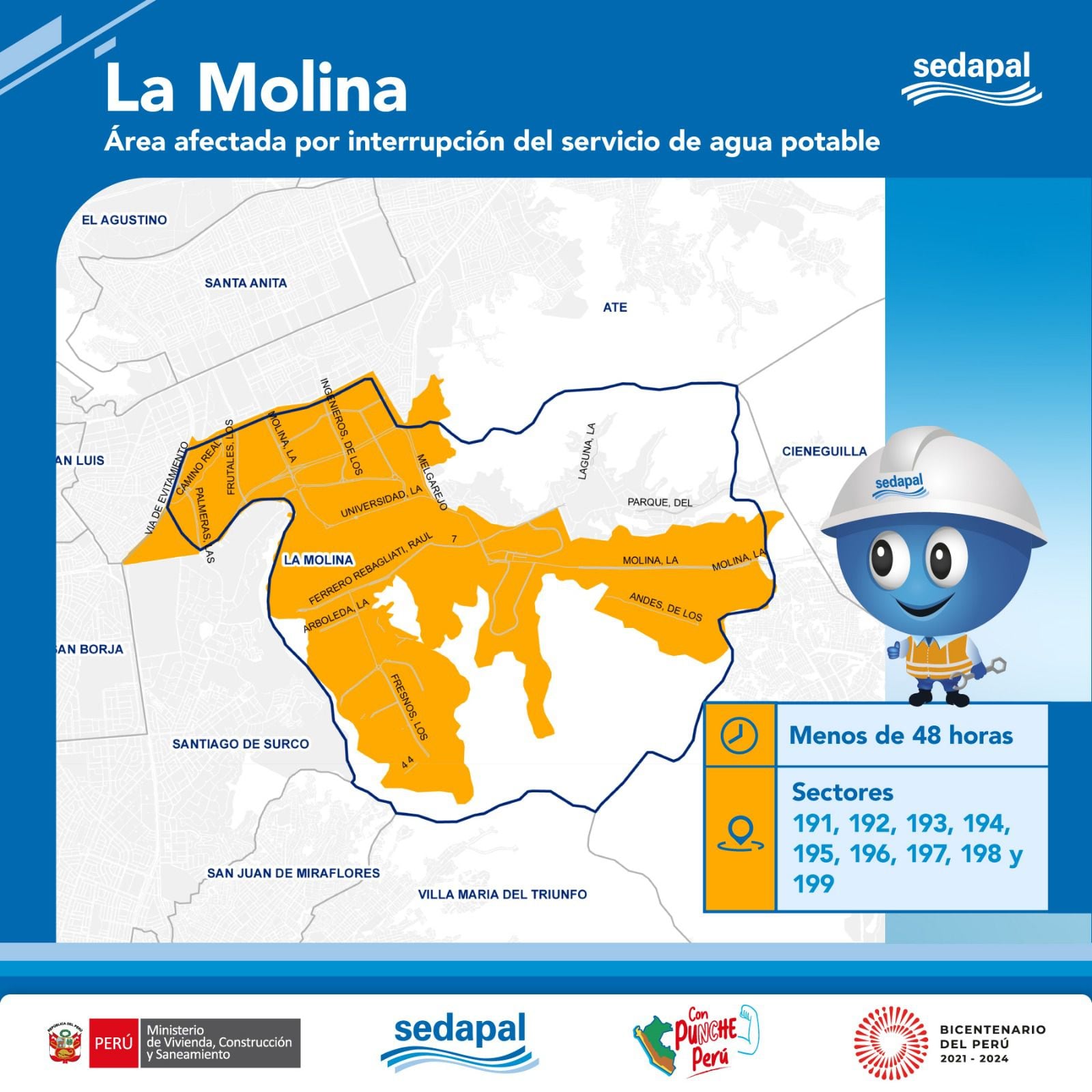 Mapa de las zonas que serán afectadas por el corte de agua en La Molina y horarios en que se suspenderá el servicio | Crédito: Sedapal.