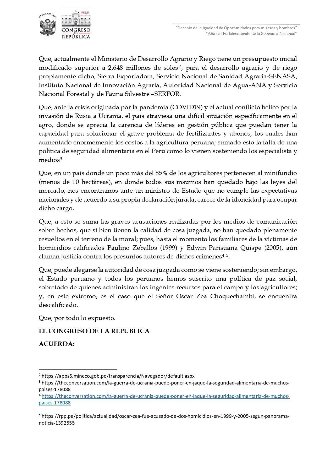 Motion for interpellation against Minister Zea.