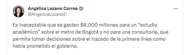 La senadora cuestionó el costo del estudio de la Sociedad Colombiana de Ingenieros - crédito @AngelicaLozanoC/X