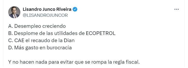 Lisandro Junco, exdirector de la Dian, culpó al Gobierno Petro de no evitar el desplome de Ecopetrol y de no hacer nada para evitar romper la regla fiscal - crédito @LisandroJuncoR/X