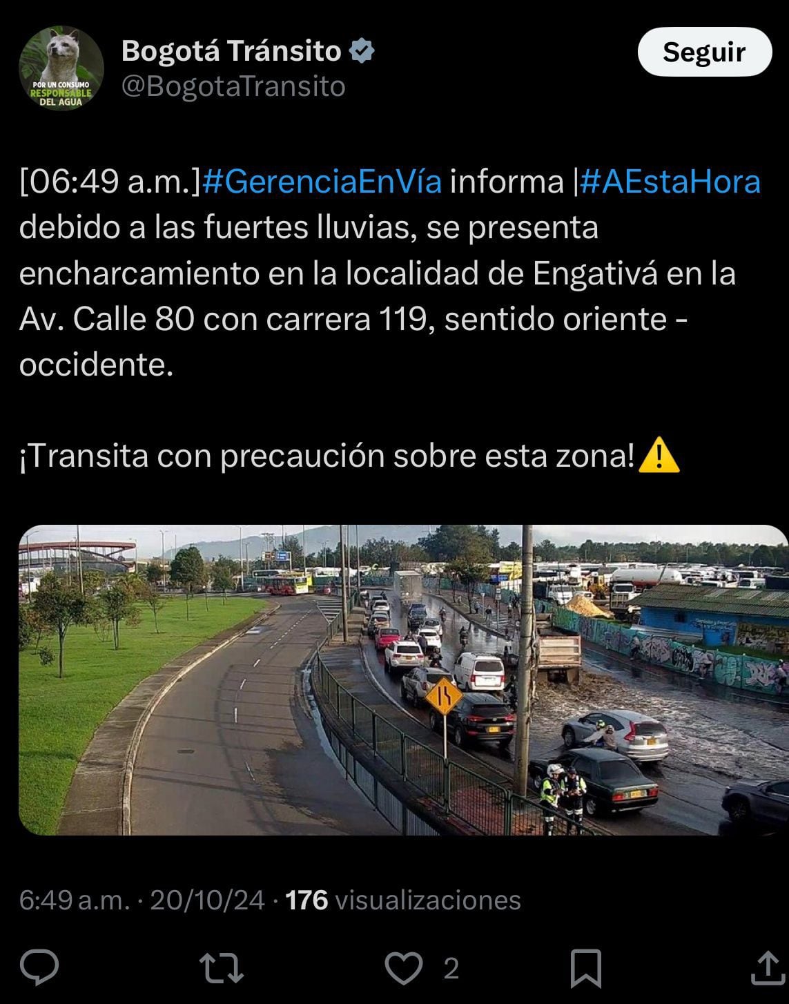 Movilidad en Bogotá presenta variaciones debido a las fuertes lluvias que se presentaron en la noche - crédito @BogotaTransito/X