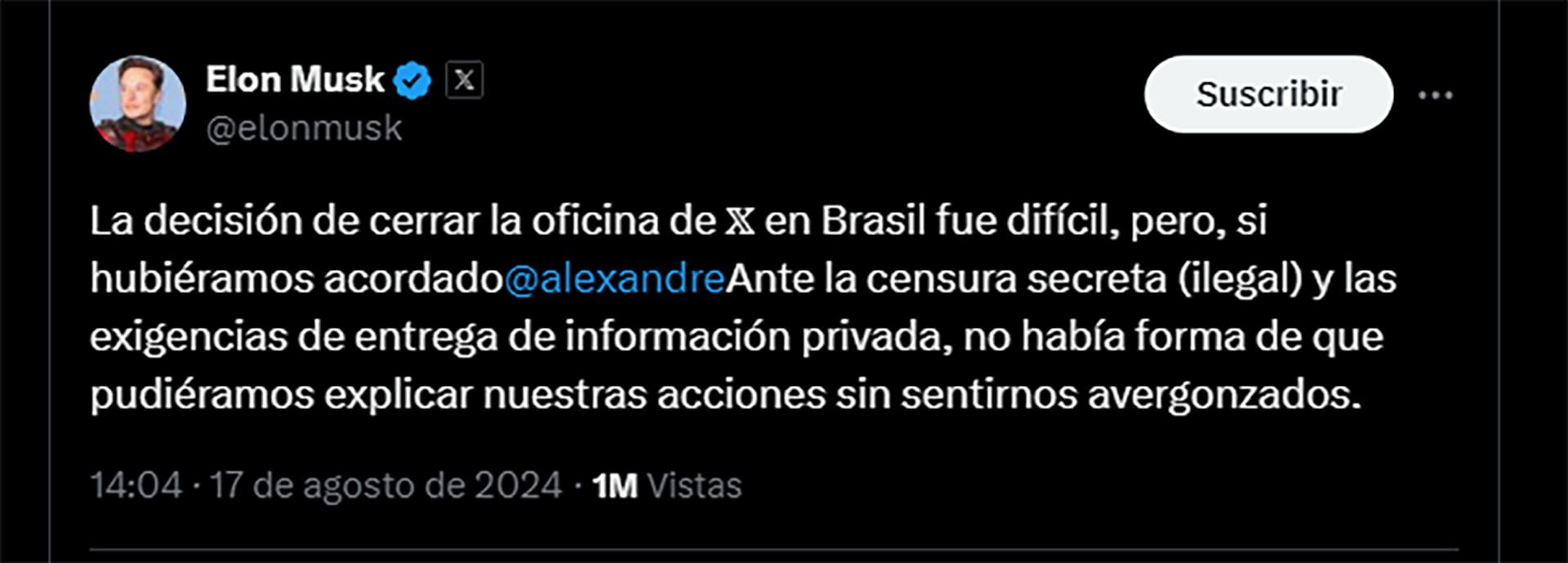 Una de las publicaciones de Musk este sábado en X sobre el cierre de la sede en Brasil