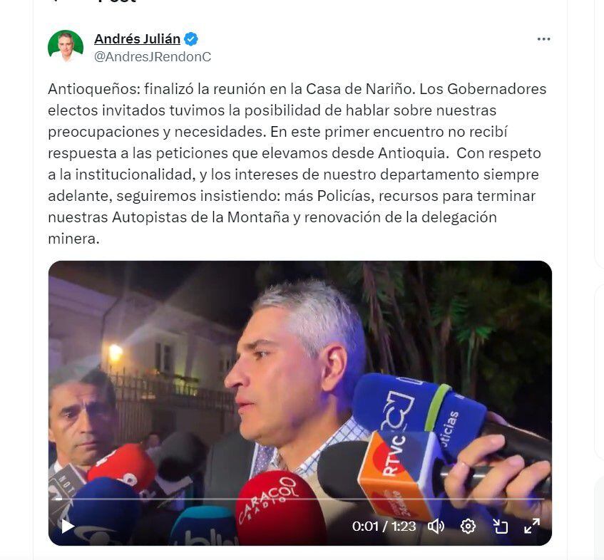 Andrés Julián Rendón habla de sus conclusiones después de reunión con el presidente Gustavo Petro - crédito @AndresJRendonC