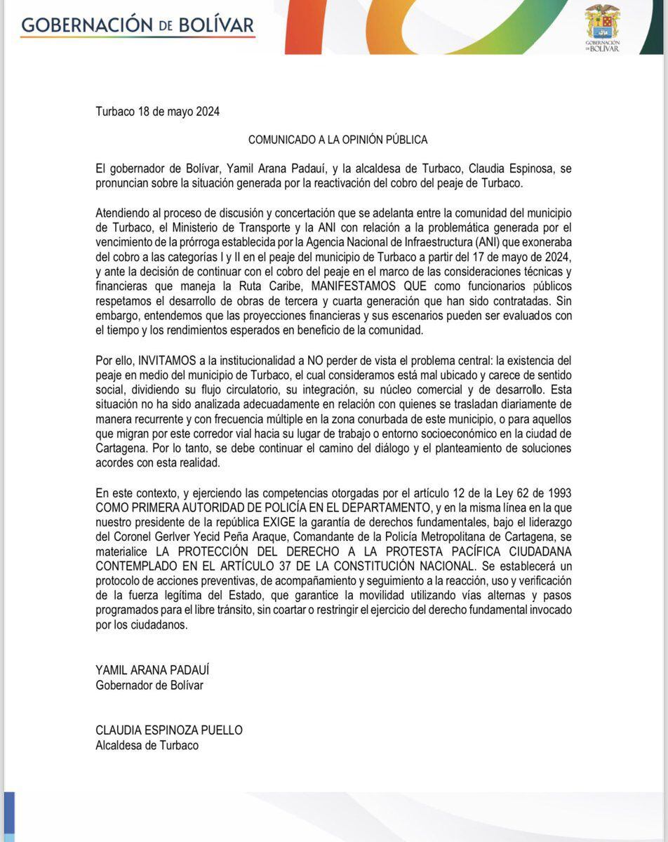 El gobernador de Bolívar, Yamil Arana, y la alcaldesa de Turbaco, Claudia Espinosa, se pronunciaron por medio de un comunicado conjunto - crédito X/@YamilHAranaP