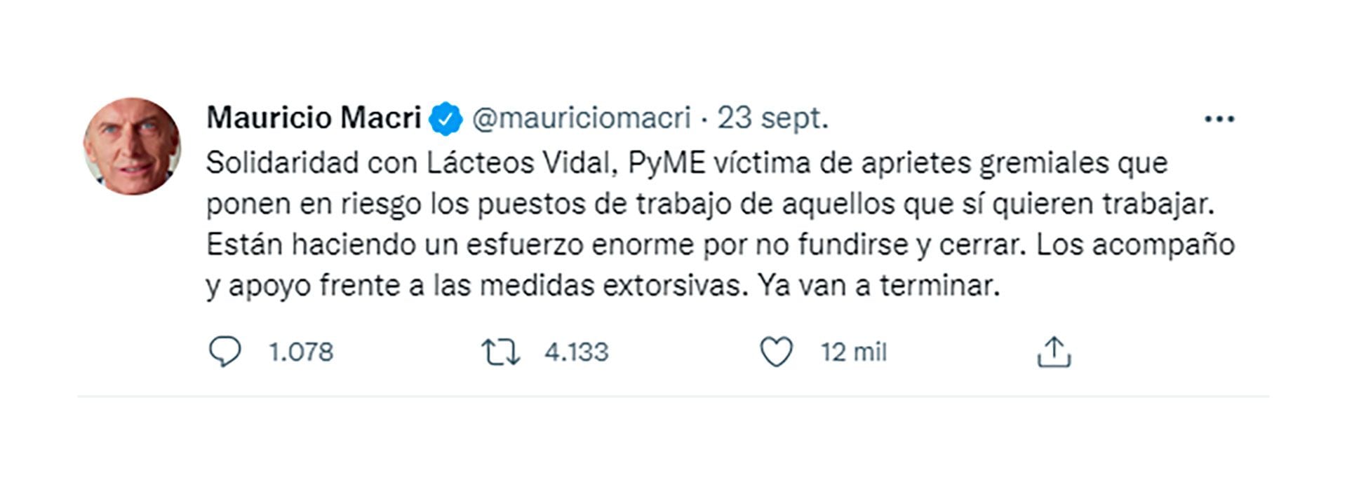 El tuit del expresidente Mauricio Macri solidarizándose con la empresa