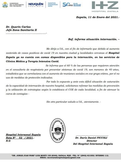 El documento firmado por el director del hospital Zapala que alerta sobre la situación sanitaria en la ciudad