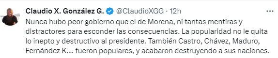 El empresario Claudio X. González criticó al presidentre López Obrador, y lo tildó de "inepto y destructivo" (Tw/@ClaudioXGG)