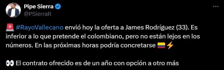 Tal parece que James Rodríguez aceptaría unas condiciones menor a las que pidió con Rayo Vallecano para firmar contrato - crédito @PSierraR/X