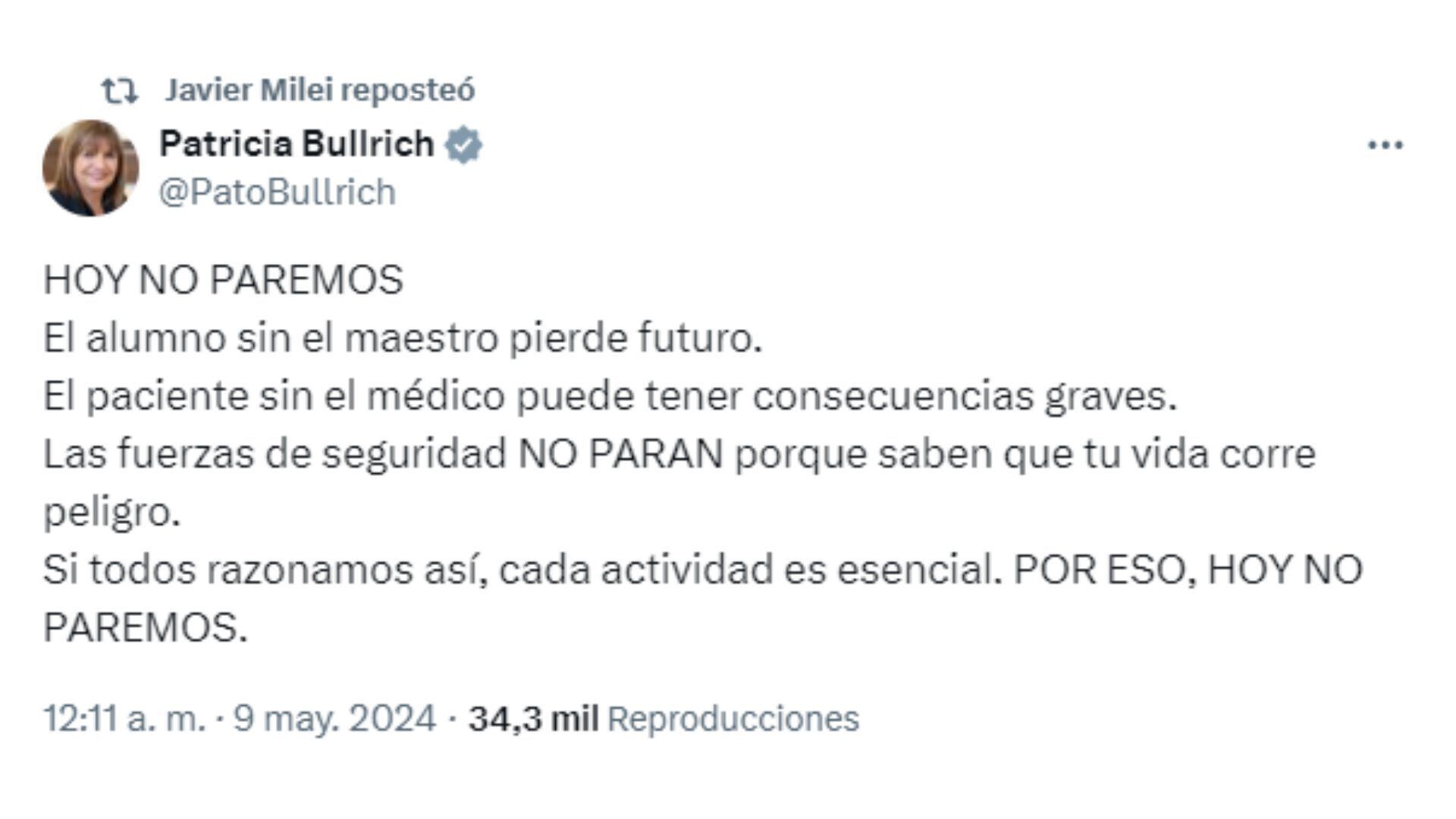 Patricia Bullrich pedido paro general CGT