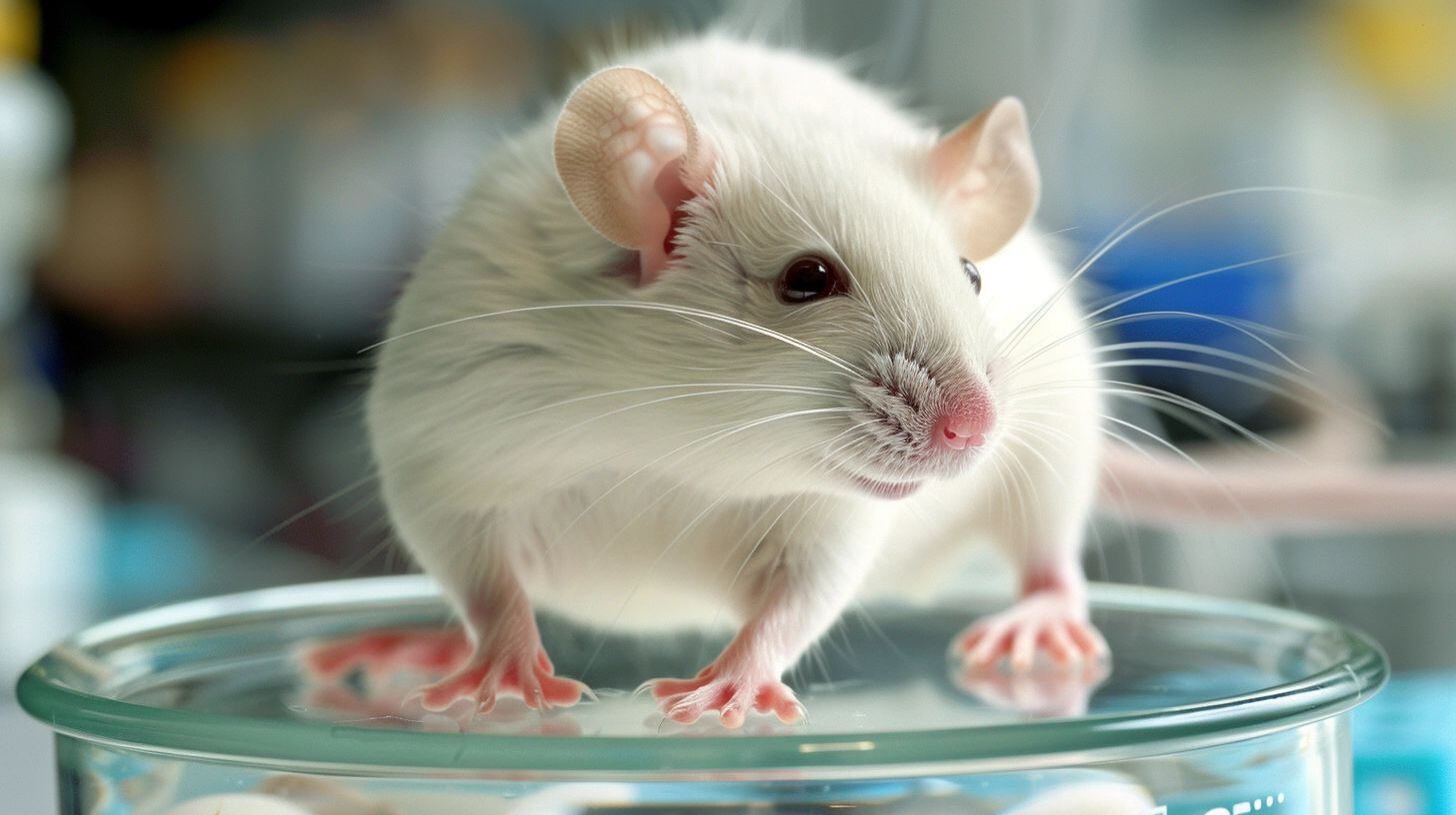 Un ratón blanco de laboratorio se encuentra sobre un recipiente de vidrio, en un entorno científico donde se realizan pruebas con animales para el desarrollo de fármacos y nuevas investigaciones en el campo de la salud. (Imagen ilustrativa Infobae)