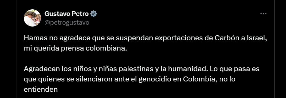 El primer mandatario aseguró que la decisión del Gobierno nacional la agradecen los niños y niñas palestinas - crédito @petrogustavo/X