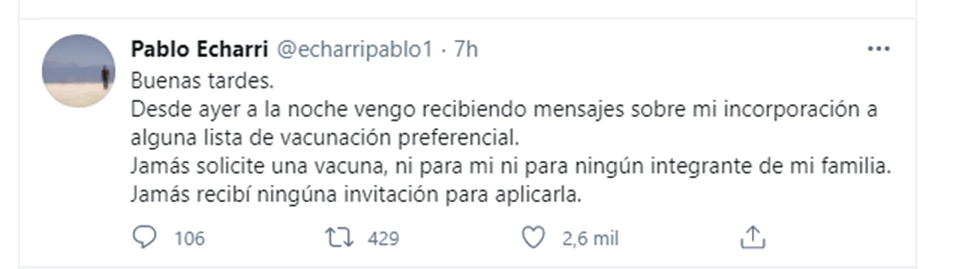 Pablo Echarri desmintió haber sido vacunado (Foto: Twitter)