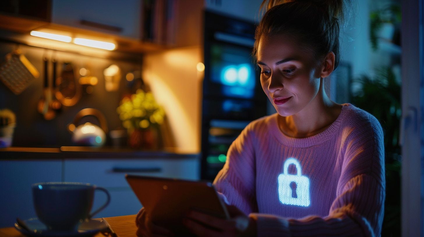 Mujer trabajando desde casa mientras verifica la seguridad de sus datos en una tablet. - (Imagen Ilustrativa Infobae)