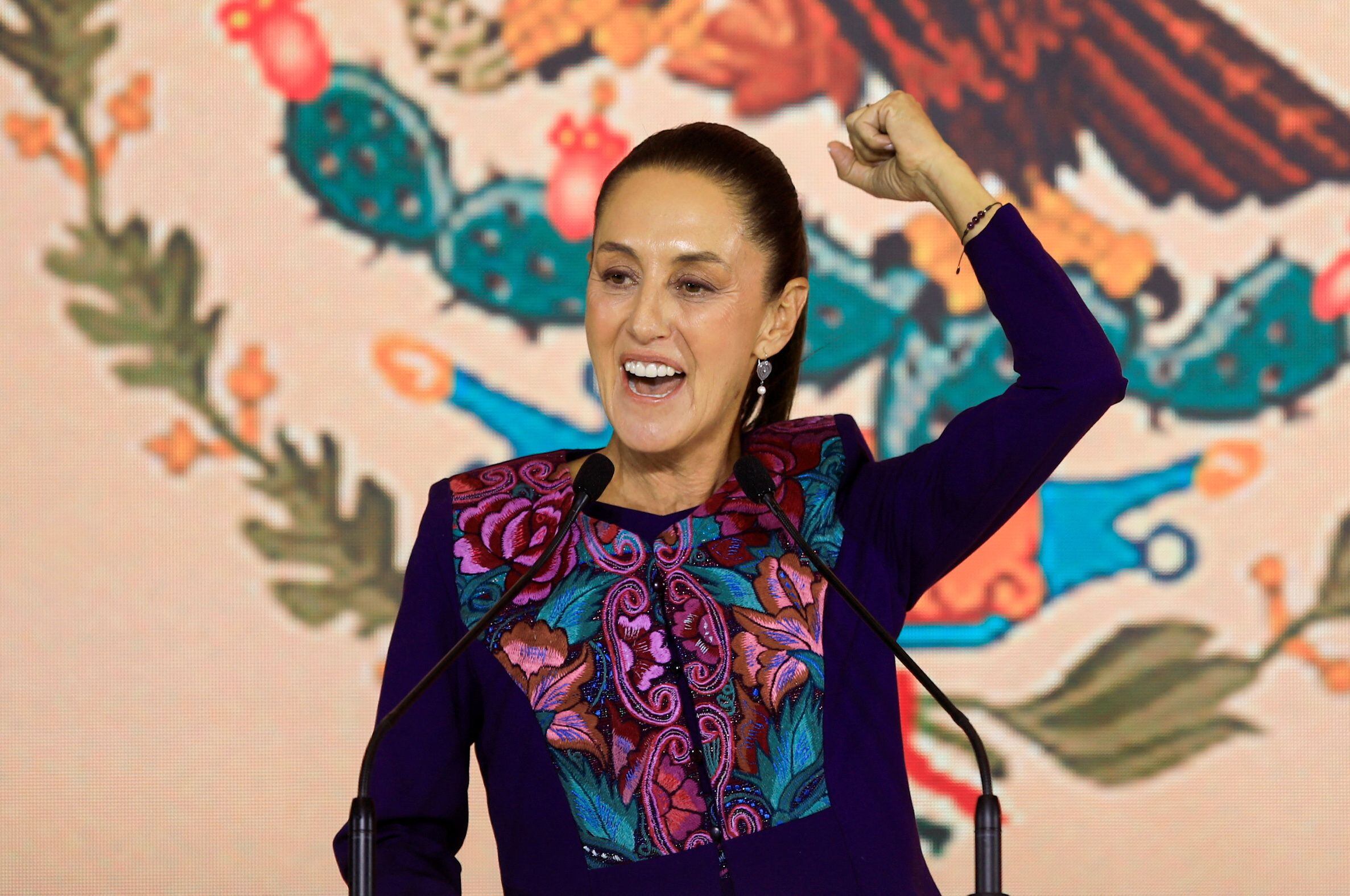 Claudia Sheinbaum, the presidential candidate of the ruling MORENA party, reacts as she addresses her supporters after winning the election, in Mexico City, Mexico June 3, 2024. REUTERS/Raquel Cunha