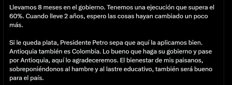 Respuesta del Gobernador de Antioquia sobre situación en el departamento - crédito @AndresJRendonC/X