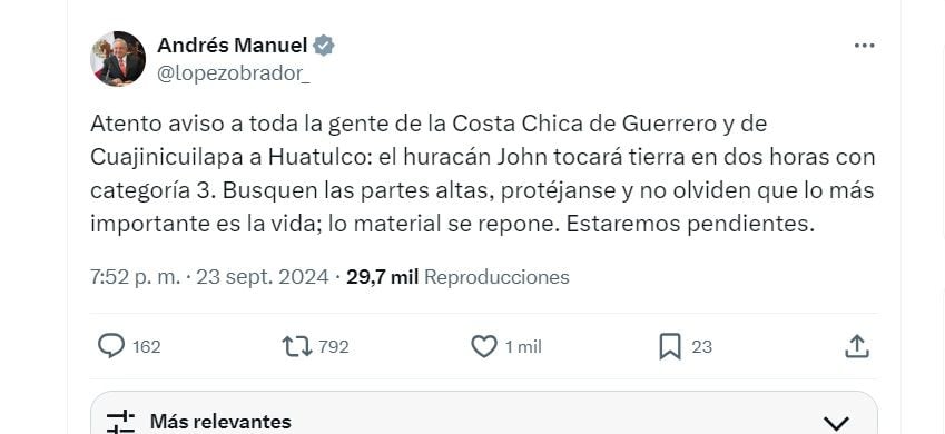 AMLO mandó un mensaje a la población de Guerrero por el impacto de John (X/ @lopezobrador_)