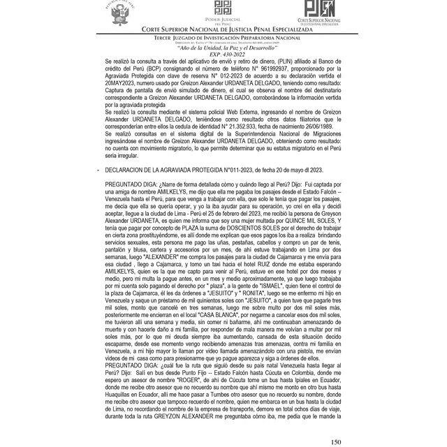 La página 150 del documento del Tercer Juzgado de Investigación Preparatoria Nacional, de la Corte Nacional de Justicia Penal Especializada, contiene el detallado testimonio de la Darimar, víctima de explotación sexual por una facción del Tren de Aragua. (Infobae Perú)