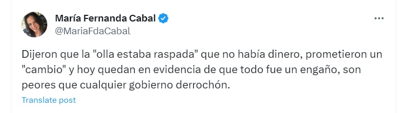 Crítica de Cabal a los sobrecostos de la Cancillería  - créditos @MariaFdaCabal/X