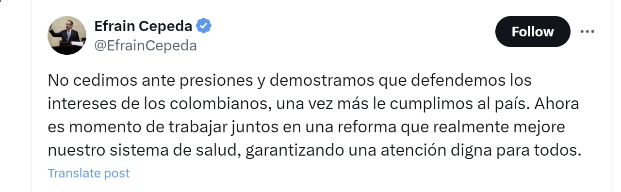 Efraín Cepeda celebró archivo de la reforma a la salud - crédito @EfrainCepeda/X