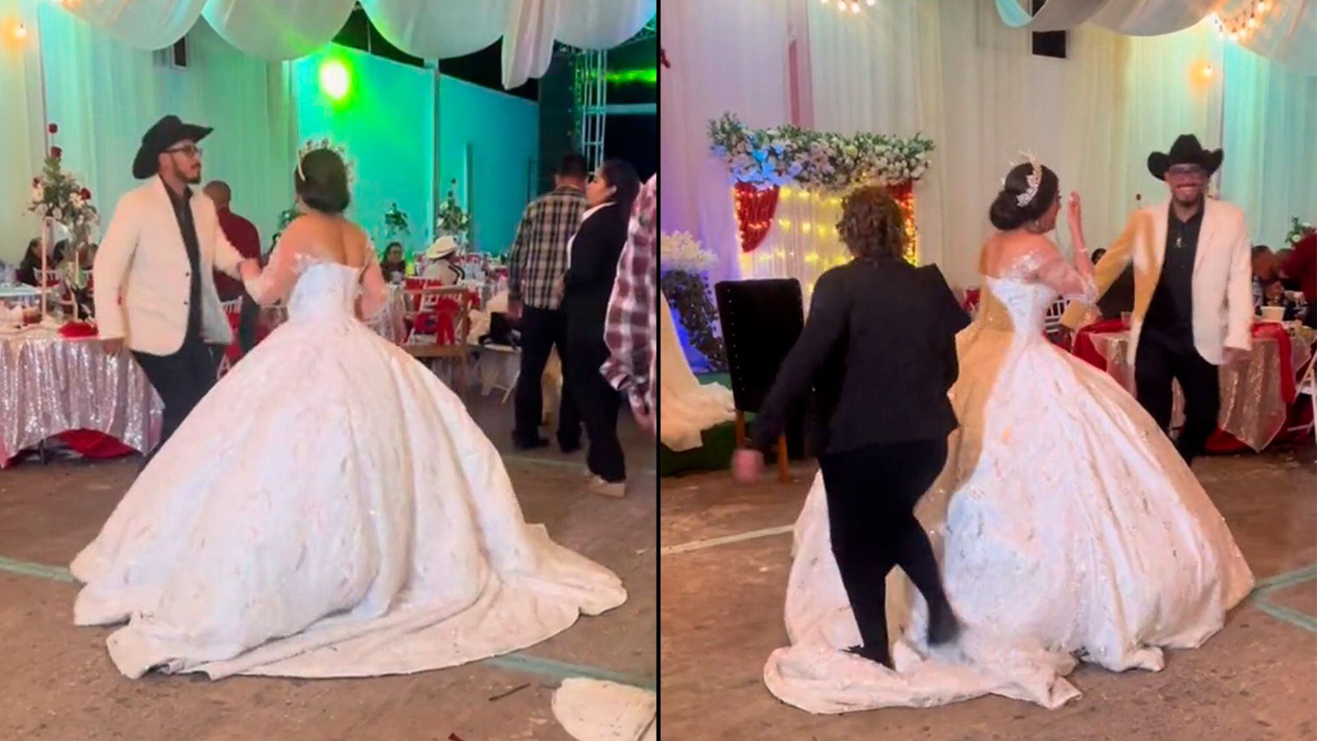 Momento en que una mujer pisa el vestido de novia de su sobrina