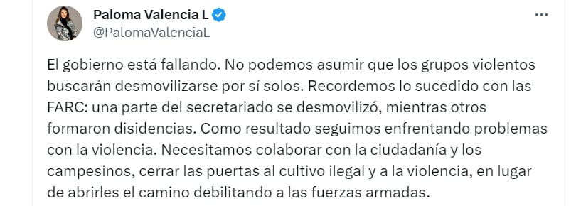 Paloma Valencia habla en sus redes con respecto al cese al fuego que anunció el Gobierno - crédito @PalomaValenciaL / cuenta X