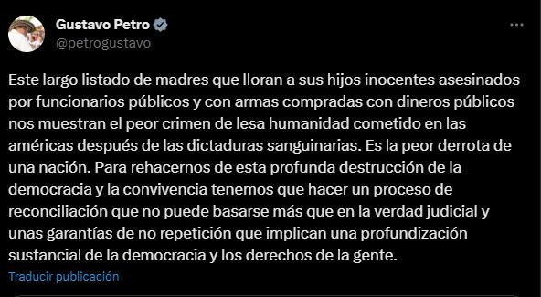 Presidente Petro se refiere a los falsos positivos como el peor de los crímenes de lesa humanidad - crédito @petrogustavo/X