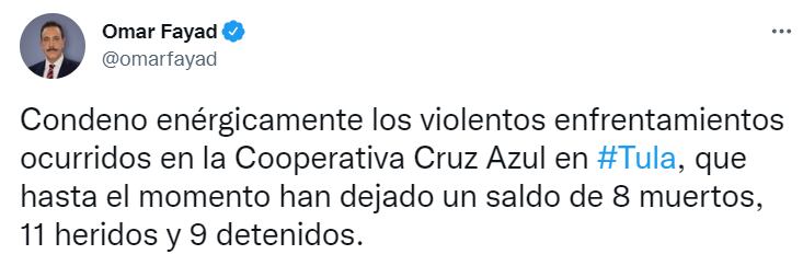 El gobernador de Hidalgo, Omar Fayad, condenó los hechos ocurridos en la planta cementera (Foto: Twitter/omarfayad)