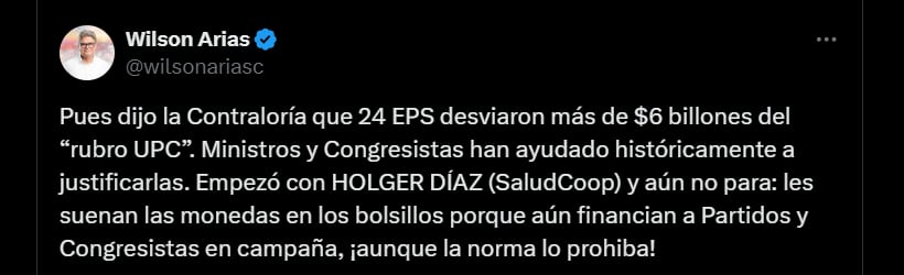 Reacción del senador Wilson Arias a hallazgos de la Contraloría - crédito @wilsonariasc/X