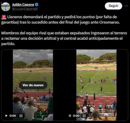 El periodista comentó que el equipo de la capital de Villavicencio tomará medias en contra del resultado - crédito @JulianCaperaB/X