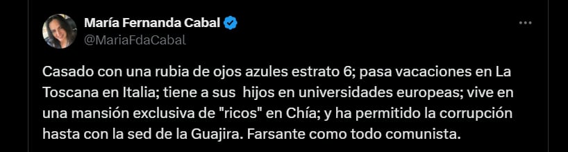 La senadora calificó a Petro como un "Farsante" - crédito @MariaFdaCabal/X