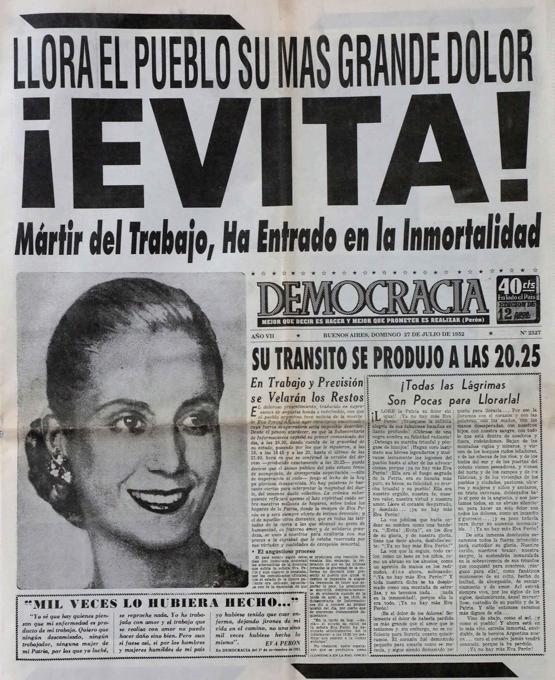 El diario Democracia anuncia la muerte de Eva Perón en su tapa