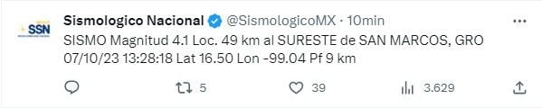 El SSN informó que se registró un sismo de magnitud 4.1. | Twitter SSN