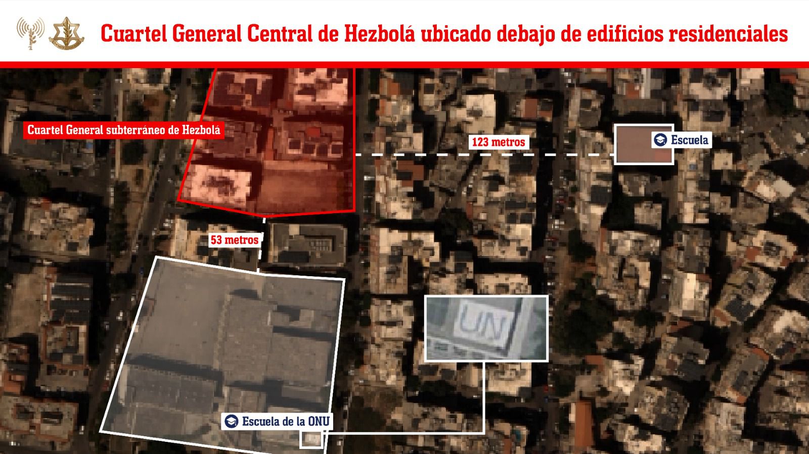 En mapa del cuartel general de Hezbollah en una imagen difundida por las FDI