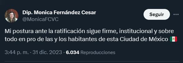 La legisladora expresó en diciembre de 2023 que seguiría la postura oficial del PRI sobre el tema de la fiscal capitalina (X/@MonicaFCVC)