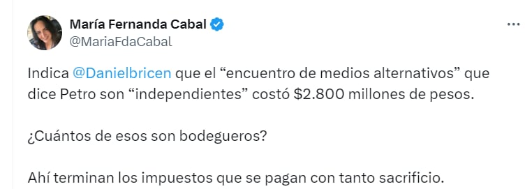 La senadora María Fernanda Cabal criticó el costo y cuestionó la legitimidad de los participantes al evento - crédito @MariaFdaCabal/X