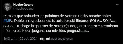 Nacho Goano se expresó en contra del discurso de Norman Briski en los Martín Fierro de cine y series (captura X)