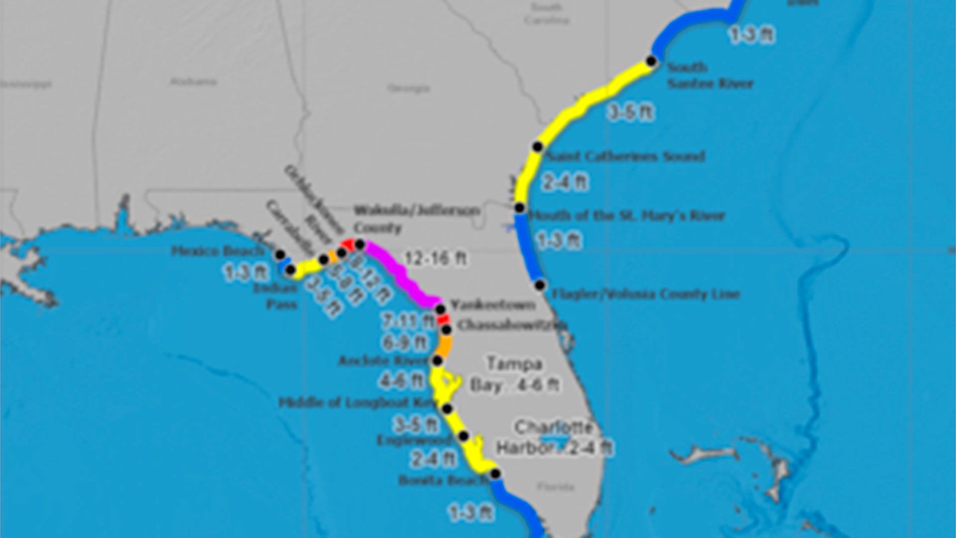Se esperan olas destructivas en algún lugar entre la línea de Wakulla / Condado de Jefferson y Yankeetown, Florida. Es probable que la inundación por marejada ciclónica ponga en peligro la vida en otras partes de la costa del Golfo de Florida, donde está en vigor un aviso de marejada ciclónica (@NHC_Atlantic)