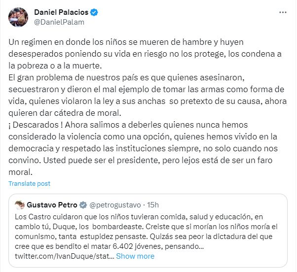 Daniel Palacios arremetió contra el presidente de la República, Gustavo Petro, por su defensa al régimen de los Castro en Cuba- crédito @DanielPalam/ X